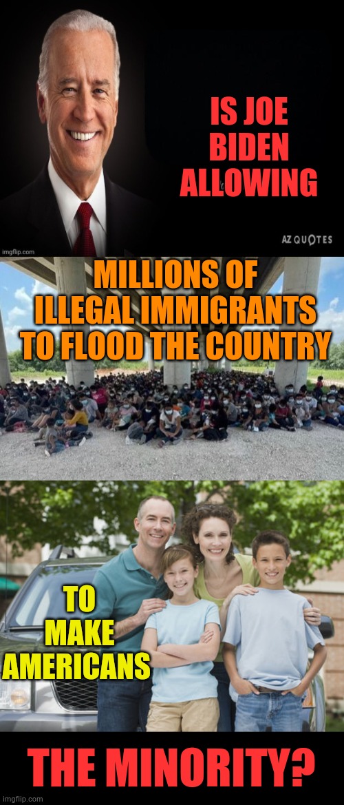 The Real Plan? | IS JOE BIDEN ALLOWING; MILLIONS OF ILLEGAL IMMIGRANTS TO FLOOD THE COUNTRY; TO MAKE AMERICANS; THE MINORITY? | image tagged in memes,politics,joe biden,illegal immigration,americans,minorities | made w/ Imgflip meme maker
