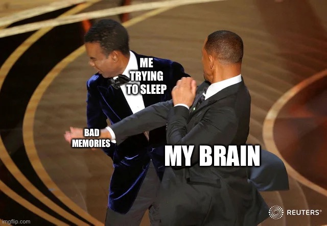Will Smith punching Chris Rock | ME TRYING TO SLEEP; BAD MEMORIES; MY BRAIN | image tagged in will smith punching chris rock | made w/ Imgflip meme maker