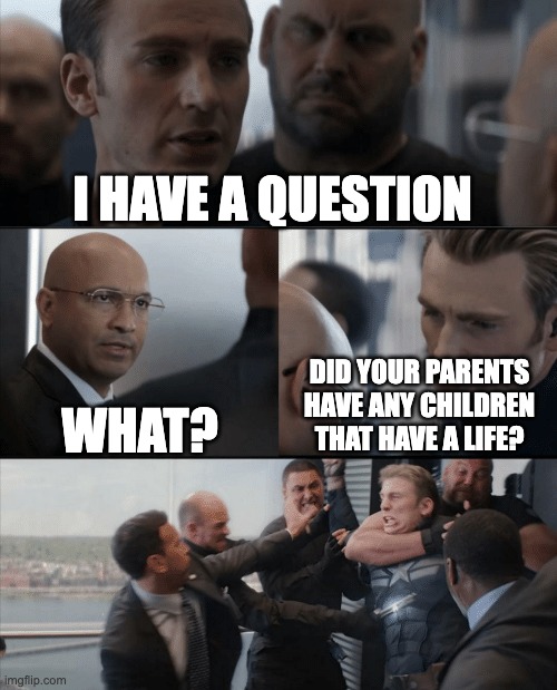 I mean..... | I HAVE A QUESTION; WHAT? DID YOUR PARENTS HAVE ANY CHILDREN THAT HAVE A LIFE? | image tagged in captain america elevator fight | made w/ Imgflip meme maker