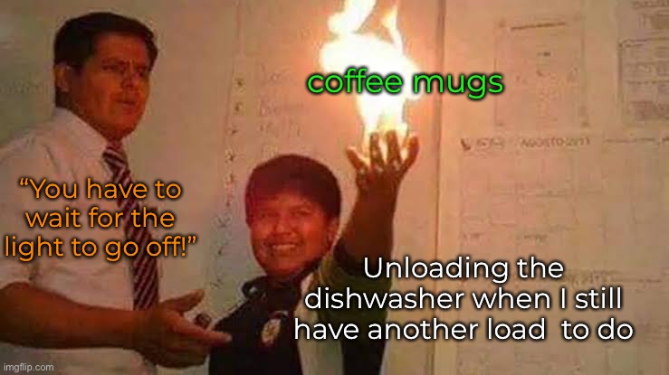 Don’t Nobody Got Time For the Drying Cycle | coffee mugs; “You have to wait for the light to go off!”; Unloading the dishwasher when I still have another load  to do | image tagged in kid holding fire meme,emptying the dishwasher | made w/ Imgflip meme maker