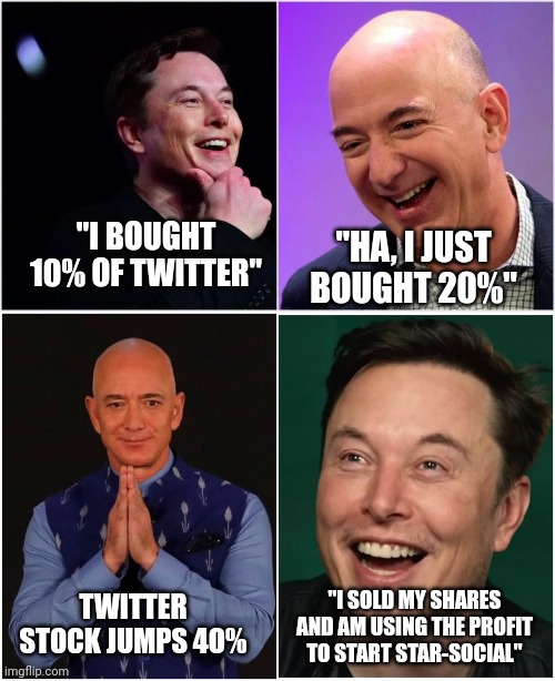 Musk wins again | "I BOUGHT 10% OF TWITTER"; "HA, I JUST BOUGHT 20%"; TWITTER STOCK JUMPS 4O%; "I SOLD MY SHARES AND AM USING THE PROFIT TO START STAR-SOCIAL" | image tagged in bezos and musk | made w/ Imgflip meme maker