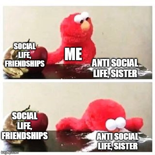 social life for me sucks | SOCIAL LIFE, FRIENDSHIPS; ME; ANTI SOCIAL LIFE, SISTER; SOCIAL LIFE, FRIENDSHIPS; ANTI SOCIAL LIFE, SISTER | image tagged in elmo cocaine | made w/ Imgflip meme maker