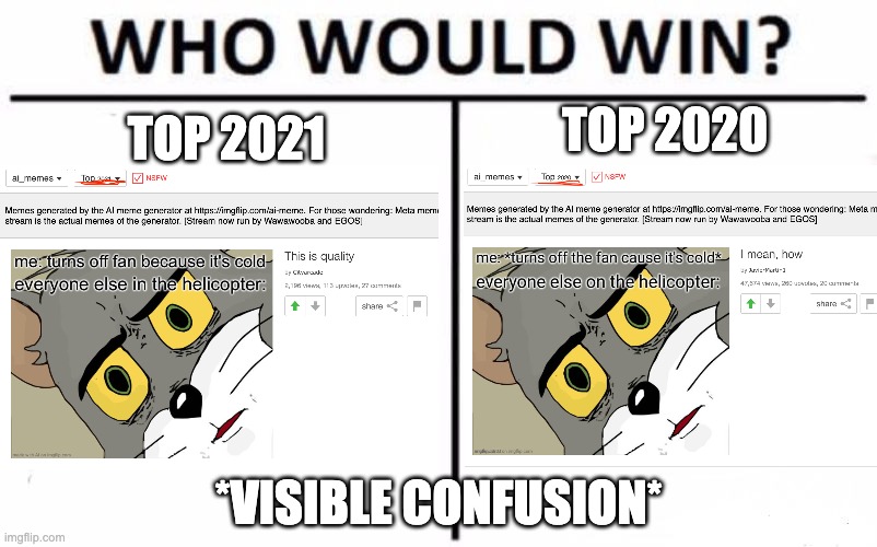 Who Would Win? | TOP 2020; TOP 2021; *VISIBLE CONFUSION* | image tagged in memes,who would win,ai meme,visible confusion,what,wait what | made w/ Imgflip meme maker