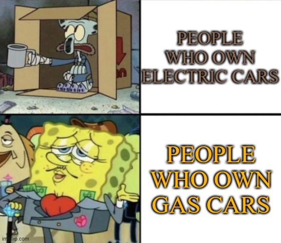 petrol prices | PEOPLE WHO OWN ELECTRIC CARS; PEOPLE WHO OWN GAS CARS | image tagged in poor squidward vs rich spongebob,gas,electric | made w/ Imgflip meme maker
