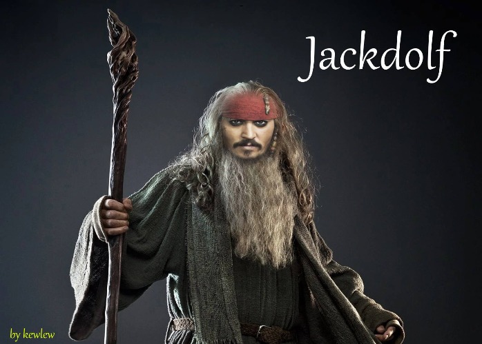jackdolf by kewlew |  JACKDOLF; BY KEWLEW | image tagged in jackdolf,kewlew,jack sparrow,gandolf | made w/ Imgflip meme maker