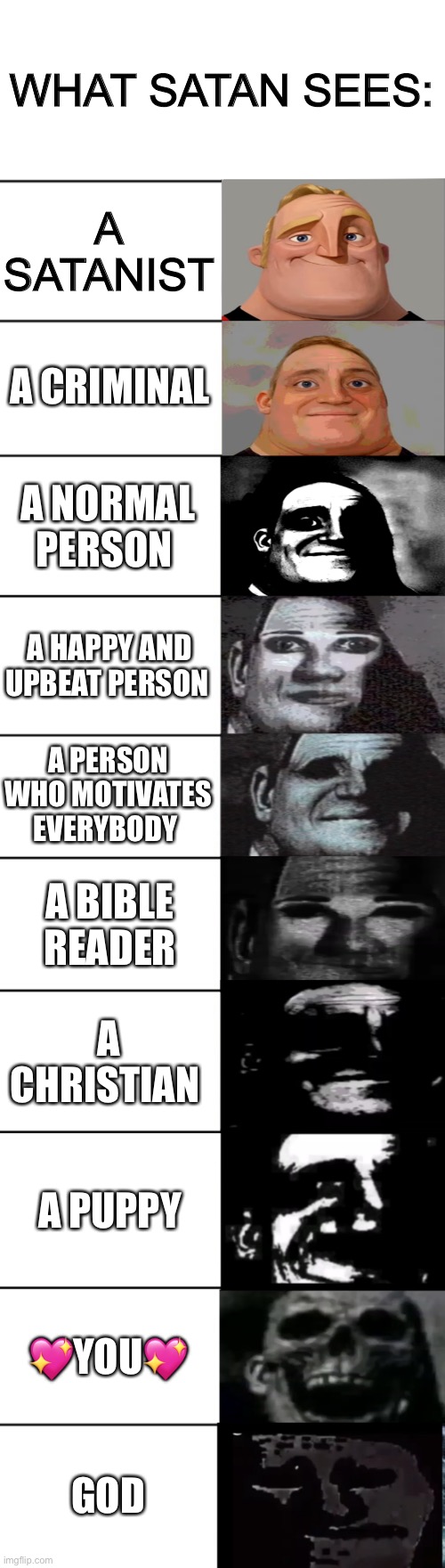 From bad to GREAT | WHAT SATAN SEES:; A SATANIST; A CRIMINAL; A NORMAL PERSON; A HAPPY AND UPBEAT PERSON; A PERSON WHO MOTIVATES EVERYBODY; A BIBLE READER; A CHRISTIAN; A PUPPY; 💖YOU💖; GOD | image tagged in mr incredible becoming uncanny,wholesome | made w/ Imgflip meme maker