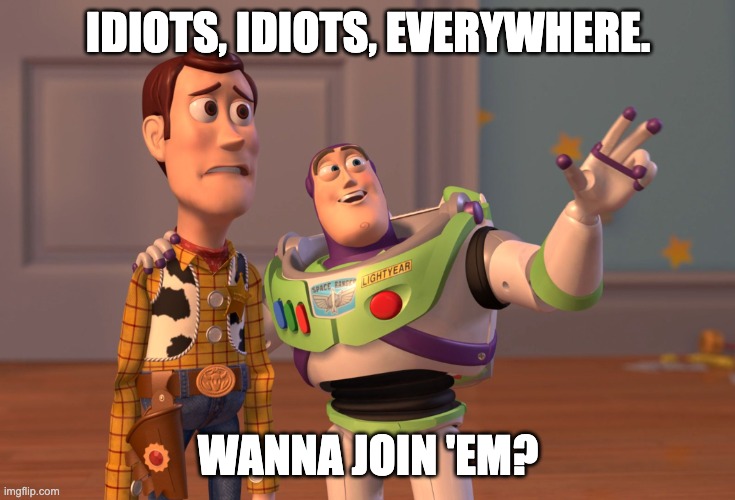 X, X Everywhere | IDIOTS, IDIOTS, EVERYWHERE. WANNA JOIN 'EM? | image tagged in memes,x x everywhere | made w/ Imgflip meme maker