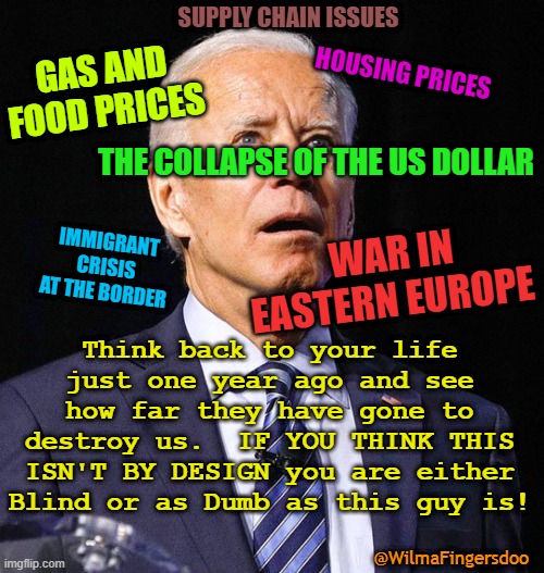 Joe Biden | SUPPLY CHAIN ISSUES; GAS AND FOOD PRICES; HOUSING PRICES; THE COLLAPSE OF THE US DOLLAR; WAR IN EASTERN EUROPE; IMMIGRANT CRISIS AT THE BORDER; Think back to your life just one year ago and see how far they have gone to destroy us.  IF YOU THINK THIS ISN'T BY DESIGN you are either Blind or as Dumb as this guy is! @WilmaFingersdoo | image tagged in joe biden | made w/ Imgflip meme maker