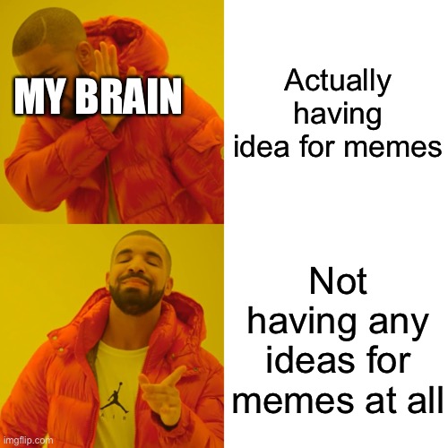 My brain is stupid | Actually having idea for memes; MY BRAIN; Not having any ideas for memes at all | image tagged in memes,drake hotline bling | made w/ Imgflip meme maker