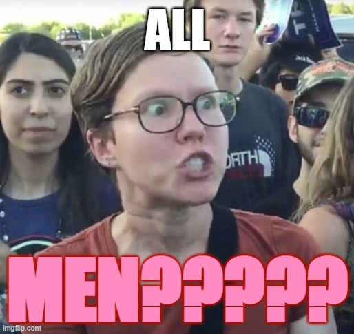 Triggered feminist | ALL MEN????? | image tagged in triggered feminist | made w/ Imgflip meme maker