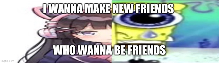 lol | I WANNA MAKE NEW FRIENDS; WHO WANNA BE FRIENDS | image tagged in lol | made w/ Imgflip meme maker
