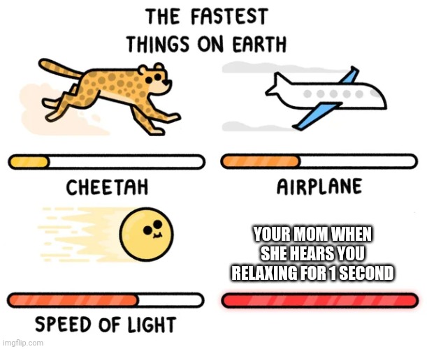 Fast things | YOUR MOM WHEN SHE HEARS YOU RELAXING FOR 1 SECOND | image tagged in fast things | made w/ Imgflip meme maker
