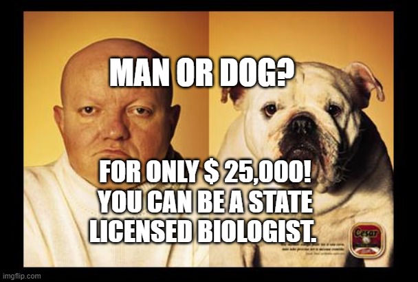 I look like my dog man | MAN OR DOG? FOR ONLY $ 25,000! YOU CAN BE A STATE LICENSED BIOLOGIST. | image tagged in i look like my dog man | made w/ Imgflip meme maker