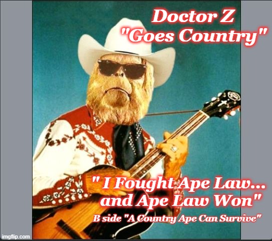 Found an old 45 rpm record of Dr. Zaius singing |  Doctor Z
"Goes Country"; " I Fought Ape Law... 
and Ape Law Won"; B side "A Country Ape Can Survive" | image tagged in sci-fi,planet of the apes,funny memes | made w/ Imgflip meme maker
