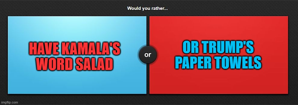 Would you rather | HAVE KAMALA'S WORD SALAD OR TRUMP'S PAPER TOWELS | image tagged in would you rather | made w/ Imgflip meme maker