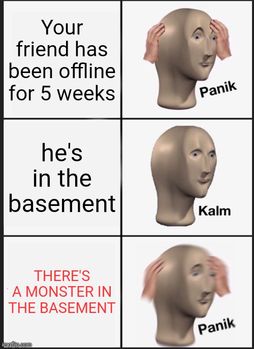 EXTREME PANIK | Your friend has been offline for 5 weeks; he's in the basement; THERE'S A MONSTER IN THE BASEMENT | image tagged in memes,panik kalm panik | made w/ Imgflip meme maker