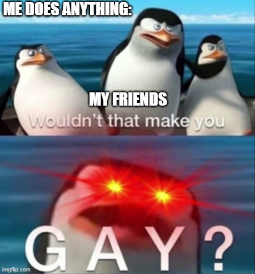 Wouldn't that make you gay | ME DOES ANYTHING:; MY FRIENDS | image tagged in wouldn't that make you gay | made w/ Imgflip meme maker