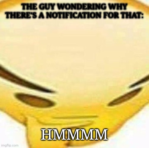 HMMMMMMM | THE GUY WONDERING WHY THERE'S A NOTIFICATION FOR THAT: HMMMM | image tagged in hmmmmmmm | made w/ Imgflip meme maker