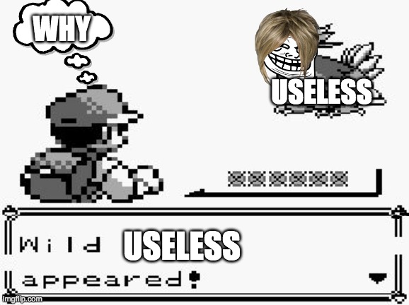 pokemon appears | WHY; USELESS; USELESS | image tagged in pokemon appears | made w/ Imgflip meme maker