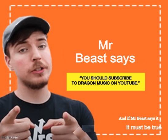 It MUST be. | Mr Beast says; “YOU SHOULD SUBSCRIBE TO DRAGON MUSIC ON YOUTUBE.”; And if Mr Beast says it; It must be true | image tagged in mr beast honey ad | made w/ Imgflip meme maker
