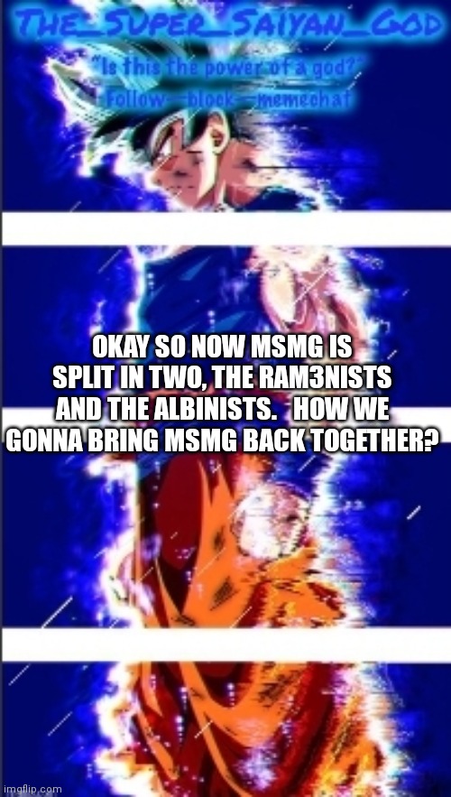 AND THAT IS,ULTRA INSTINCT!! | OKAY SO NOW MSMG IS SPLIT IN TWO, THE RAM3NISTS AND THE ALBINISTS.   HOW WE GONNA BRING MSMG BACK TOGETHER? | image tagged in and that is ultra instinct | made w/ Imgflip meme maker