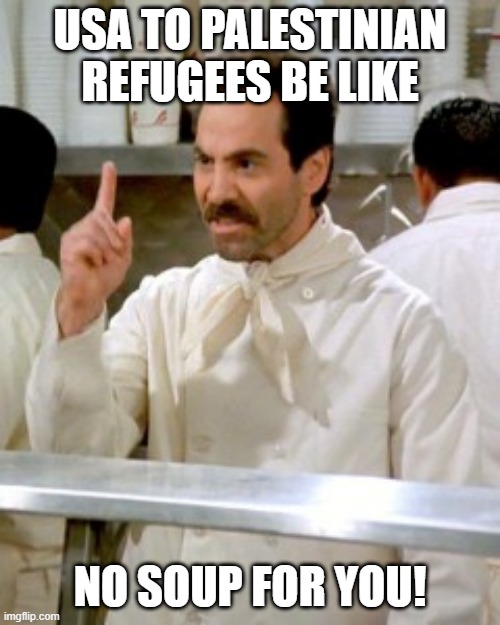 USA To Palestinian Refugees Be Like | USA TO PALESTINIAN REFUGEES BE LIKE; NO SOUP FOR YOU! | image tagged in no soup for you | made w/ Imgflip meme maker