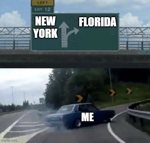 Car turn | NEW YORK FLORIDA ME | image tagged in car turn | made w/ Imgflip meme maker