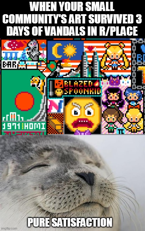 Reddit's r/Place was a battlefield for 3 days | WHEN YOUR SMALL COMMUNITY'S ART SURVIVED 3 DAYS OF VANDALS IN R/PLACE; PURE SATISFACTION | image tagged in memes,satisfied seal | made w/ Imgflip meme maker