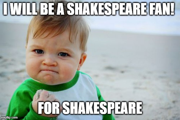 ,mn | I WILL BE A SHAKESPEARE FAN! FOR SHAKESPEARE | image tagged in memes,success kid original | made w/ Imgflip meme maker