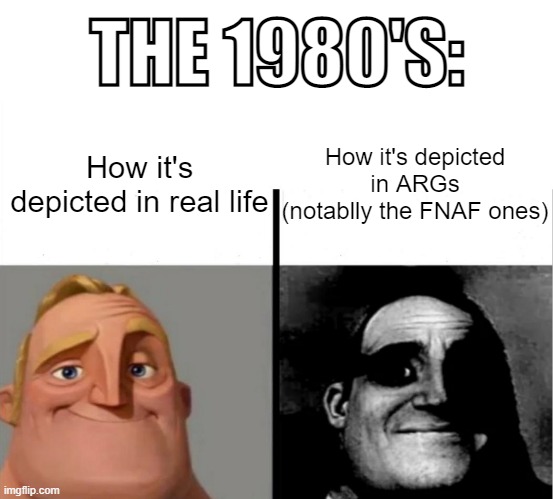 Same goes with either the 70s or the 90s | THE 1980'S:; How it's depicted in ARGs
(notablly the FNAF ones); How it's depicted in real life | image tagged in teacher's copy,funny,1980s,memes,so true | made w/ Imgflip meme maker