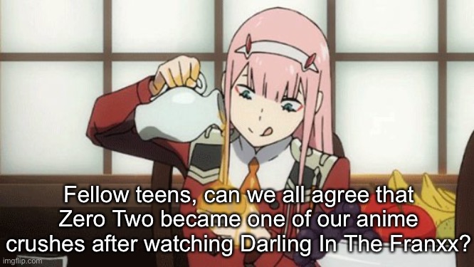 Zero Two honey | Fellow teens, can we all agree that Zero Two became one of our anime crushes after watching Darling In The Franxx? | image tagged in zero two honey | made w/ Imgflip meme maker