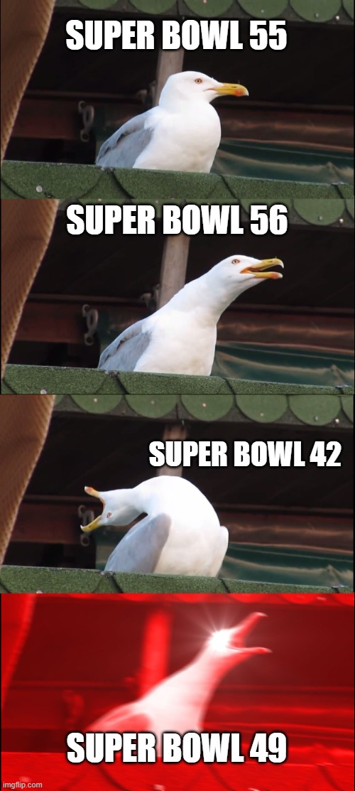 Inhaling Seagull | SUPER BOWL 55; SUPER BOWL 56; SUPER BOWL 42; SUPER BOWL 49 | image tagged in memes,inhaling seagull | made w/ Imgflip meme maker