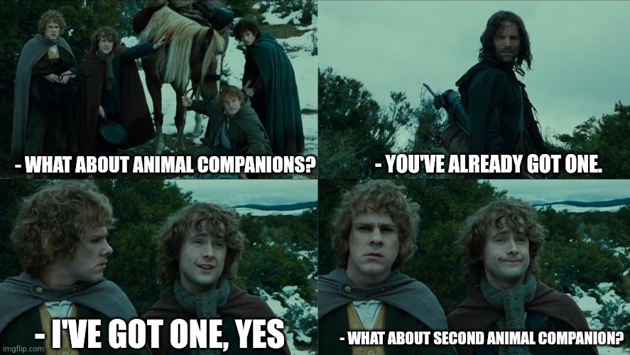 Rangers be Like... | - YOU'VE ALREADY GOT ONE. - WHAT ABOUT ANIMAL COMPANIONS? - WHAT ABOUT SECOND ANIMAL COMPANION? - I'VE GOT ONE, YES | image tagged in lotr,dnd,rangers,breakfast,funny | made w/ Imgflip meme maker