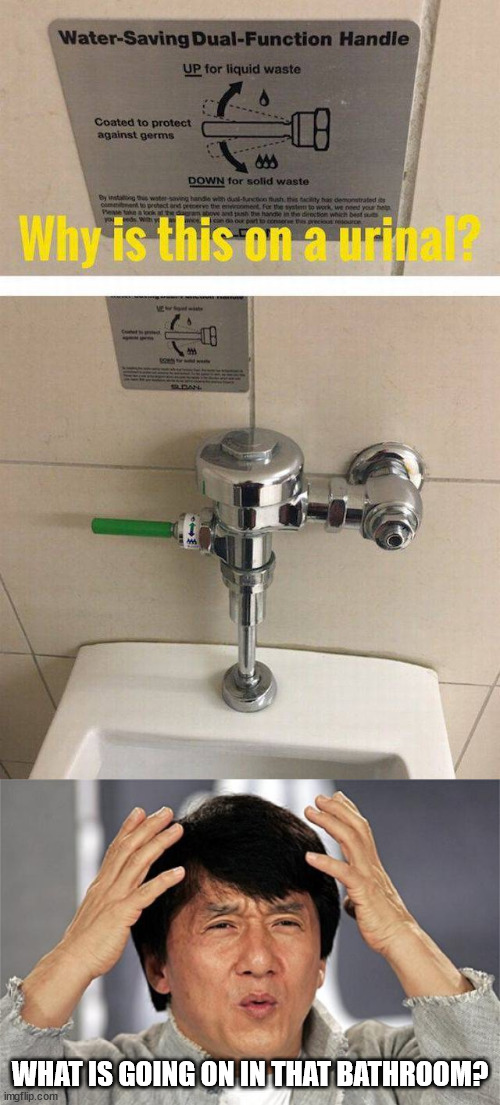 WHAT IS GOING ON IN THAT BATHROOM? | image tagged in why just why jackie chan,you had one job | made w/ Imgflip meme maker