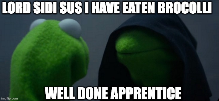MEME2346 | LORD SIDI SUS I HAVE EATEN BROCOLLI; WELL DONE APPRENTICE | image tagged in memes,evil kermit | made w/ Imgflip meme maker