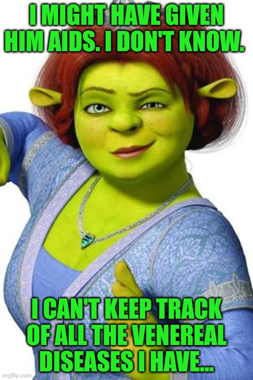 Shrek caught the AIDs | I MIGHT HAVE GIVEN HIM AIDS. I DON'T KNOW. I CAN'T KEEP TRACK OF ALL THE VENEREAL DISEASES I HAVE... | image tagged in fiona shrek,aids,venereal disease,shrek | made w/ Imgflip meme maker