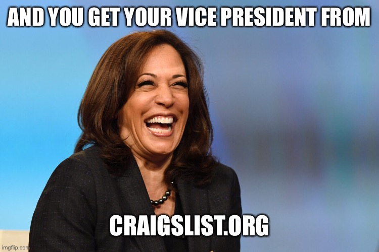 Kamala Harris laughing | AND YOU GET YOUR VICE PRESIDENT FROM CRAIGSLIST.ORG | image tagged in kamala harris laughing | made w/ Imgflip meme maker