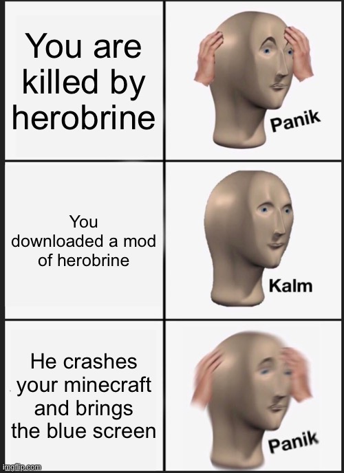 NEVER TRUST HEROBRINE MODS | You are killed by herobrine; You downloaded a mod of herobrine; He crashes your minecraft and brings the blue screen | image tagged in memes,panik kalm panik | made w/ Imgflip meme maker