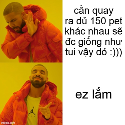 Drake Hotline Bling Meme | cần quay ra đủ 150 pet khác nhau sẽ đc giống như tui vậy đó :))) ez lắm | image tagged in memes,drake hotline bling | made w/ Imgflip meme maker