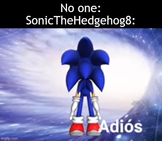 Where did he go? | No one:
SonicTheHedgehog8: | image tagged in sonic adios,sonic the hedgehog | made w/ Imgflip meme maker