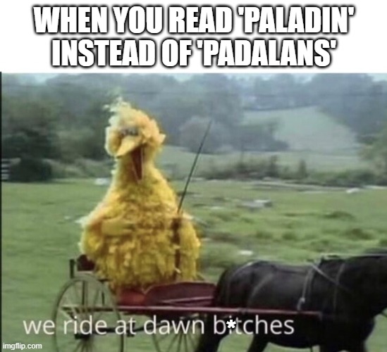We ride at dawn bitches | WHEN YOU READ 'PALADIN' INSTEAD OF 'PADALANS' * | image tagged in we ride at dawn bitches | made w/ Imgflip meme maker