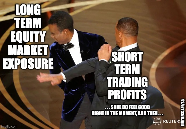 Not a winning trade |  LONG TERM EQUITY MARKET EXPOSURE; SHORT TERM TRADING PROFITS; . . . SURE DO FEEL GOOD RIGHT IN THE MOMENT, AND THEN . . . LIMITLESS.APP/SG | image tagged in will smith punching chris rock,personal finance,trading,limitless | made w/ Imgflip meme maker