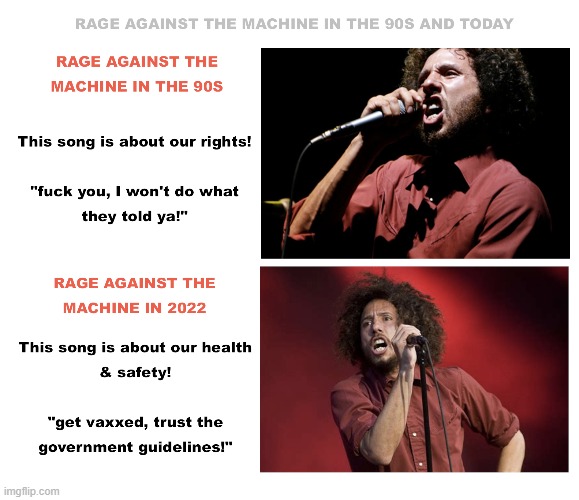 RAGE AGAINST THE MACHINE in the 90S and TODAY | image tagged in rage against the machine,music,anarchy,no-vax | made w/ Imgflip meme maker