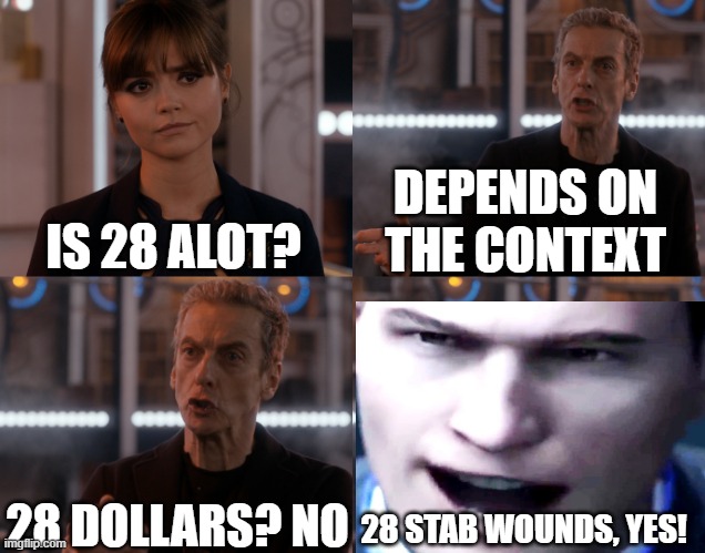 28 yes |  DEPENDS ON THE CONTEXT; IS 28 ALOT? 28 DOLLARS? NO; 28 STAB WOUNDS, YES! | image tagged in depends on the context,detroit become human,detroit,ps4,games,video games | made w/ Imgflip meme maker