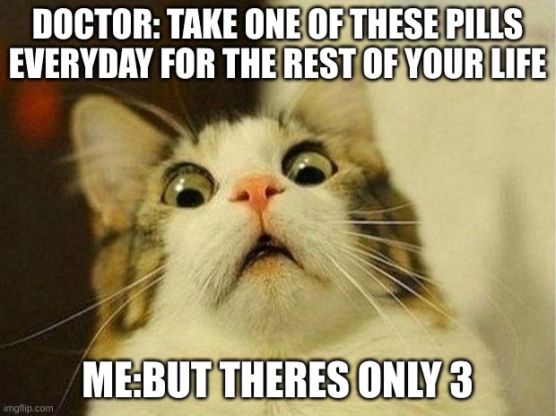 Embrace life while you have it | DOCTOR: TAKE ONE OF THESE PILLS EVERYDAY FOR THE REST OF YOUR LIFE; ME:BUT THERES ONLY 3 | image tagged in memes,scared cat | made w/ Imgflip meme maker