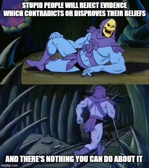 Dunning-Kruger | STUPID PEOPLE WILL REJECT EVIDENCE WHICH CONTRADICTS OR DISPROVES THEIR BELIEFS; AND THERE'S NOTHING YOU CAN DO ABOUT IT | image tagged in skeletor disturbing facts | made w/ Imgflip meme maker