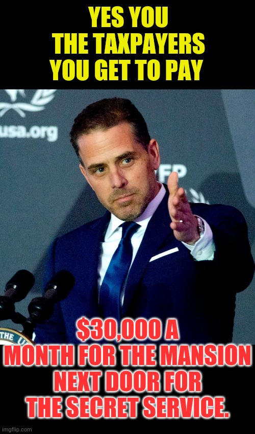 At His Malibu Hideaway | YES YOU THE TAXPAYERS YOU GET TO PAY; $30,000 A MONTH FOR THE MANSION NEXT DOOR FOR THE SECRET SERVICE. | image tagged in hunter biden,memes,politics,taxpayer,secret service,mansion | made w/ Imgflip meme maker