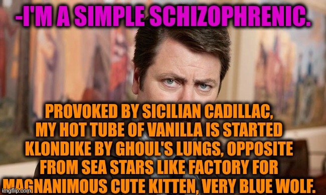 -Illness on tunes. | -I'M A SIMPLE SCHIZOPHRENIC. PROVOKED BY SICILIAN CADILLAC, MY HOT TUBE OF VANILLA IS STARTED KLONDIKE BY GHOUL'S LUNGS, OPPOSITE FROM SEA STARS LIKE FACTORY FOR MAGNANIMOUS CUTE KITTEN, VERY BLUE WOLF. | image tagged in i'm a simple man,schizophrenia,mental illness,ron swanson,we don't talk about bruno,aww his last words | made w/ Imgflip meme maker