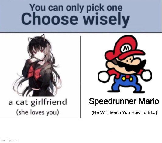 a clever title |  Speedrunner Mario; (He Will Teach You How To BLJ) | image tagged in choose wisely | made w/ Imgflip meme maker