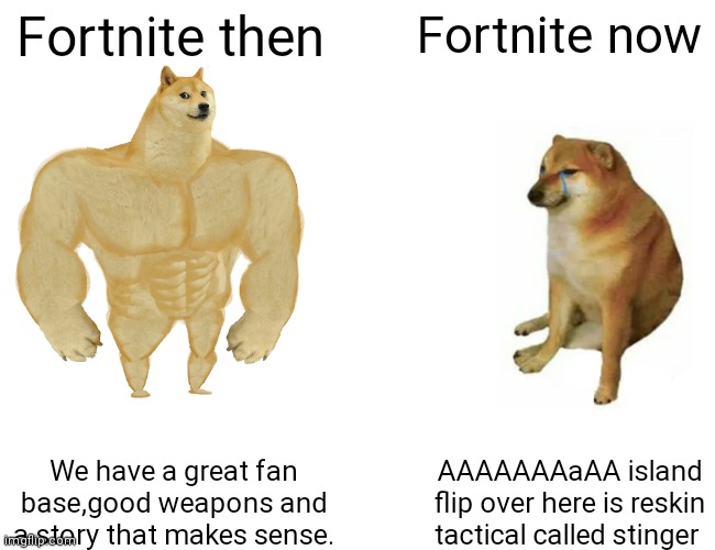 Buff Doge vs. Cheems | Fortnite then; Fortnite now; We have a great fan base,good weapons and a story that makes sense. AAAAAAAaAA island flip over here is reskin tactical called stinger | image tagged in memes,buff doge vs cheems | made w/ Imgflip meme maker